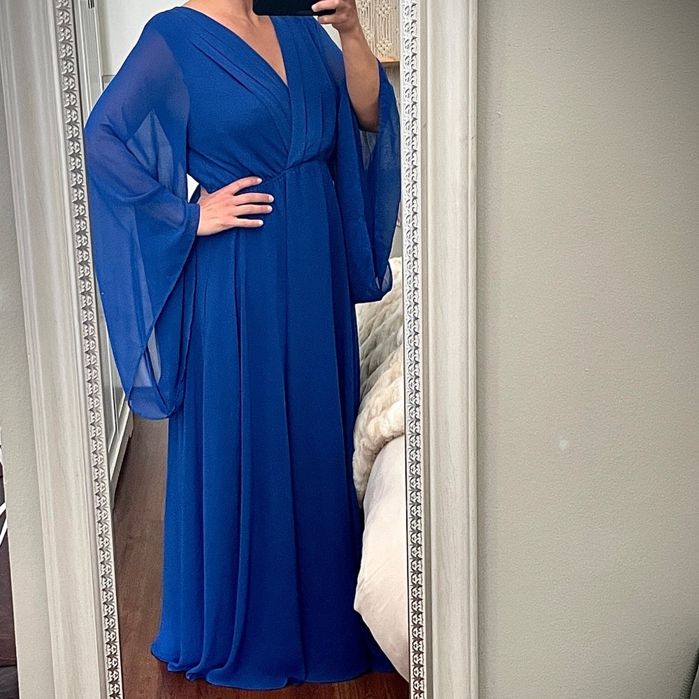 Meghan LA Sapphire Blue Long Sleeve Chiffon Gown